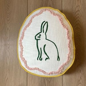Adorable Bunny Pillow, Oval Shaped, Bunny in Green & Yellow Trim, Good Condition